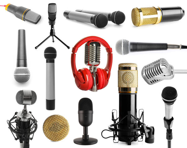 Set of different microphones isolated on white