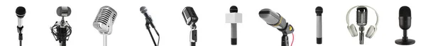 Set Diferentes Micrófonos Aislados Blanco — Foto de Stock