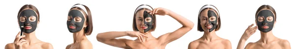 Set Giovane Donna Con Maschera Carbone Attivo Sul Suo Viso — Foto Stock