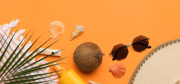 Set Beach Accessories Tropical Palm Leaf Coconut Orange Background — Foto de Stock