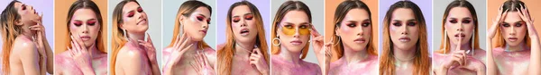 Set Fashionable Young Transgender Woman Glitters Body Colorful Background — Foto de Stock