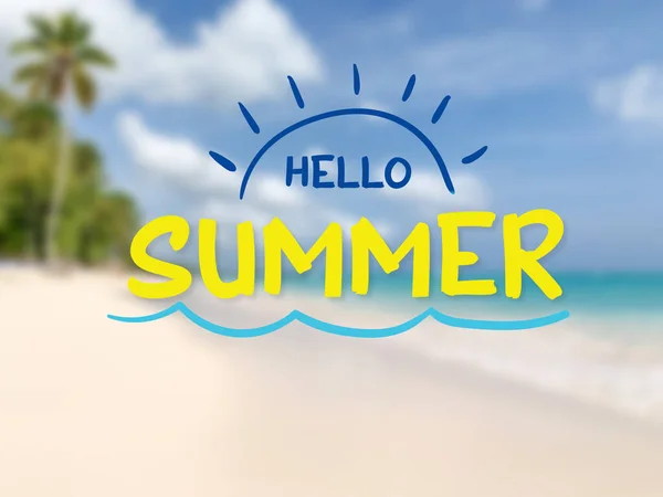 Blurred Tropical Beach Text Hello Summer — Fotografia de Stock