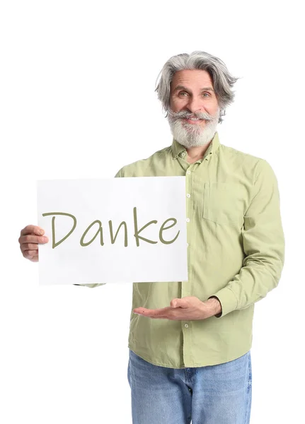 Senior Man Holding Paper Word Danke German Thanks White Background — Stock fotografie