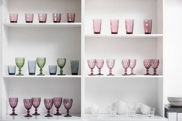 Many Different Glasses Kitchen Utensils White Shelf Unit — ストック写真