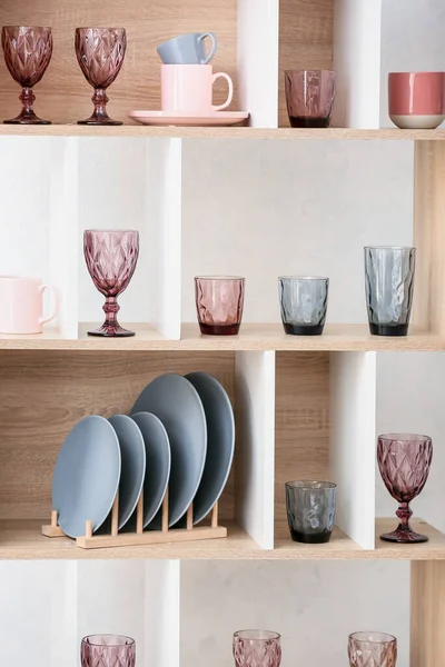 Different Empty Glasses Plates Wooden Shelf Unit — ストック写真