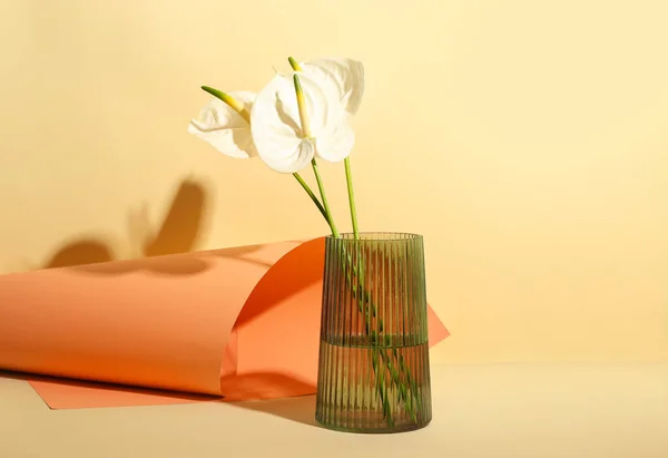 Vase Mit Schönen Anthurischen Blüten Auf Farbigem Hintergrund — Stockfoto