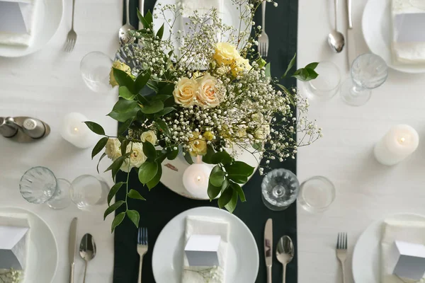 Beautiful Table Setting Wedding Celebration Top View — стоковое фото