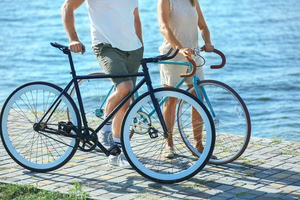 Mature Couple Bicycles Walking River Bank Summer Day —  Fotos de Stock