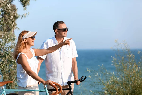 Mature Couple Bicycles Walking Sea Shore Summer Day — Photo