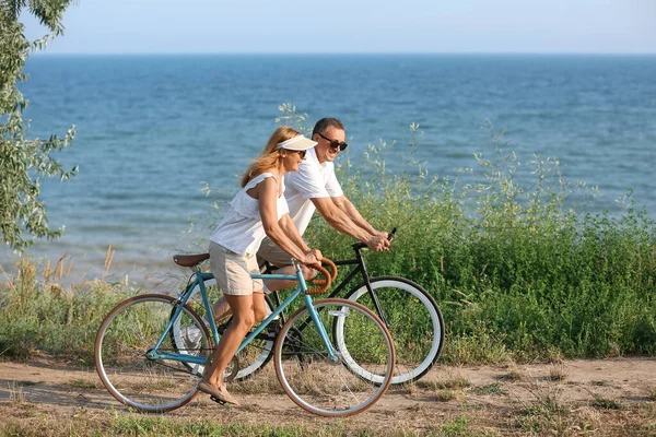 Mature Couple Riding Bicycles Sea Shore Summer Day — Photo