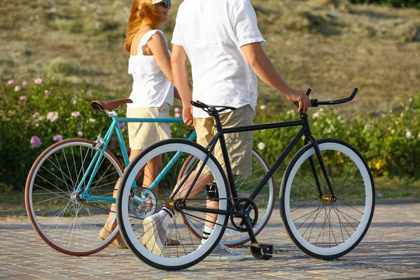 Mature Couple Bicycles Walking City Park Summer Day — Zdjęcie stockowe