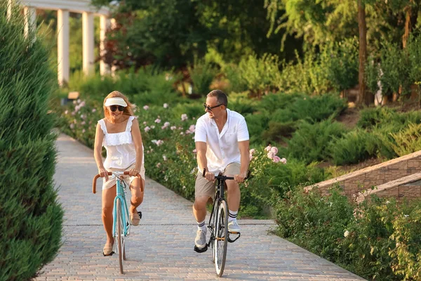 Yaz günü şehir parkında bisiklet süren olgun bir çift.