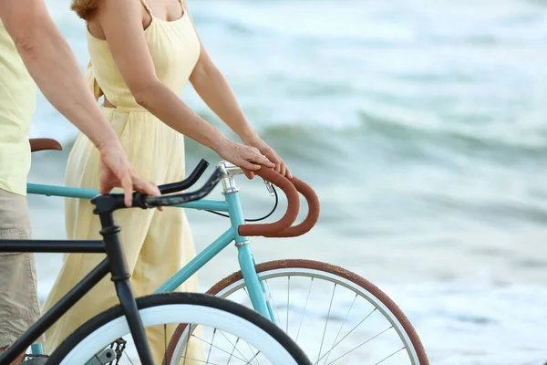Mature Couple Bicycles Walking Sea Beach Summer Day — Photo