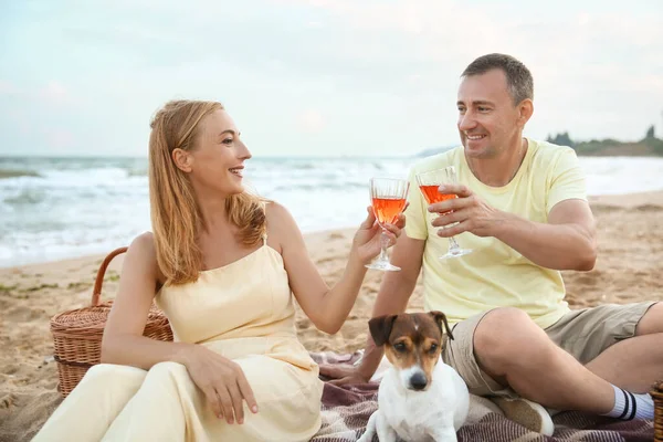 Mature Couple Dog Having Picnic Sea Summer Day — Photo