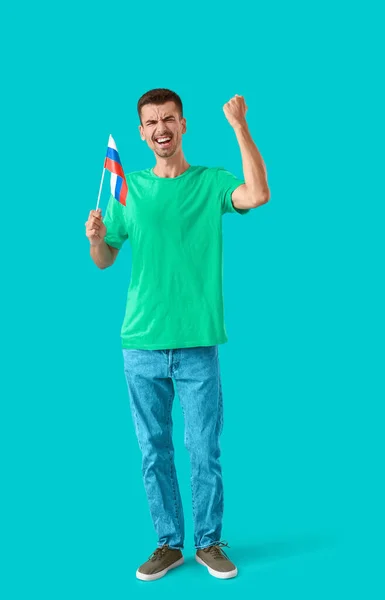 Happy Young Man National Flag Russia Color Background — Stock Photo, Image
