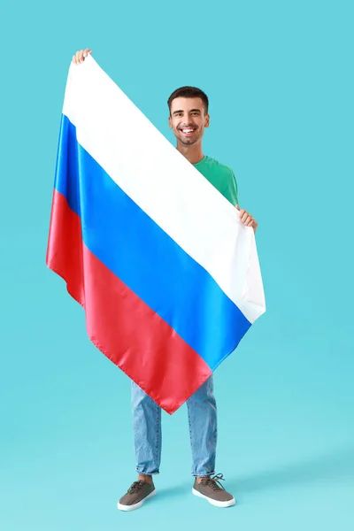 Happy Young Man National Flag Russia Color Background — Stockfoto