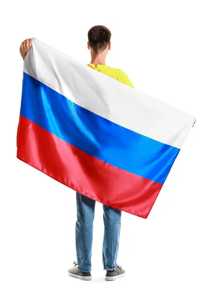 Joven Con Bandera Nacional Rusia Sobre Fondo Blanco Vista Trasera —  Fotos de Stock