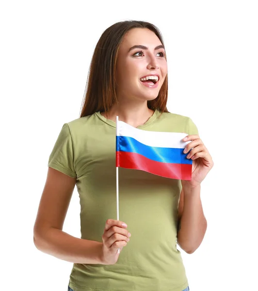 Ευτυχισμένη Νεαρή Γυναίκα Εθνική Σημαία Της Ρωσίας Λευκό Φόντο — Φωτογραφία Αρχείου