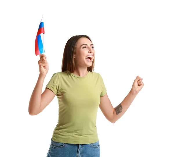 Gelukkige Jonge Vrouw Met Nationale Vlag Van Rusland Witte Achtergrond — Stockfoto