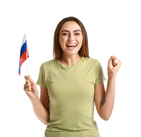 Happy Young Woman National Flag Russia White Background — Stockfoto
