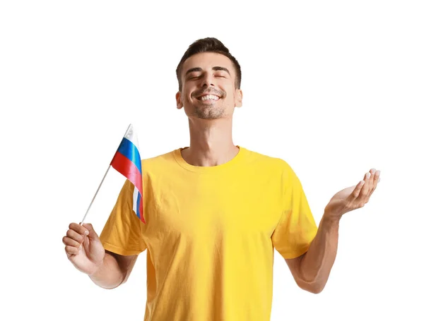 Joven Feliz Con Bandera Nacional Rusia Sobre Fondo Blanco —  Fotos de Stock