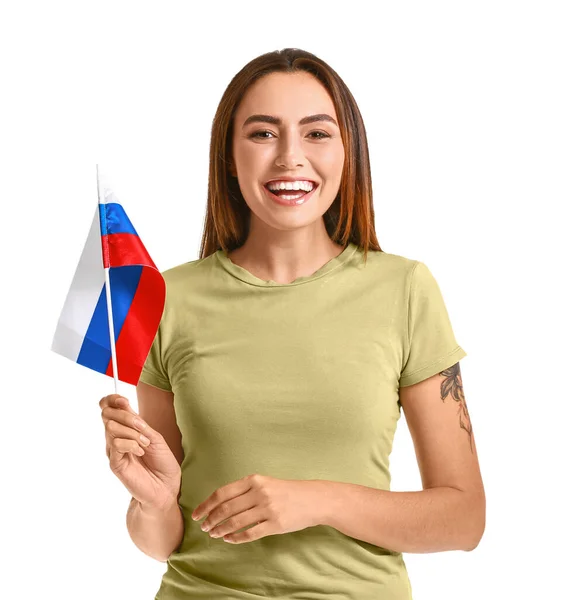 Happy Young Woman National Flag Russia White Background — стокове фото