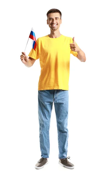 Happy Young Man National Flag Russia Showing Thumb Gesture White — Stockfoto