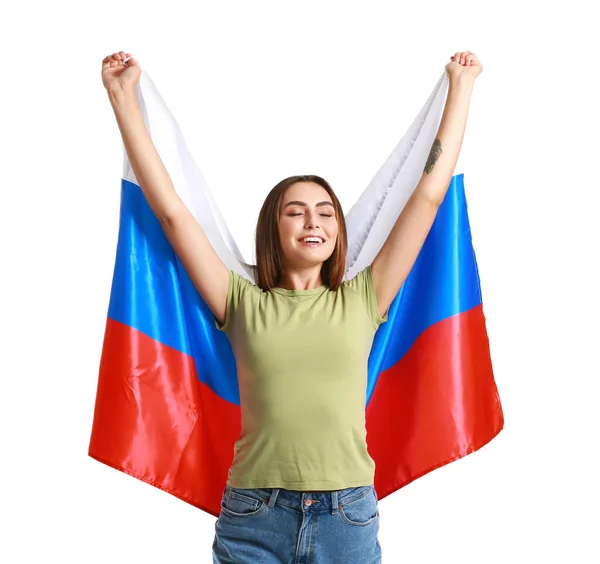 Beyaz Arka Planda Rusya Bayrağı Taşıyan Mutlu Genç Bir Kadın — Stok fotoğraf