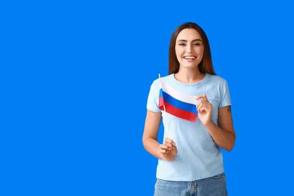 Happy Young Woman National Flag Russia Color Background — ストック写真