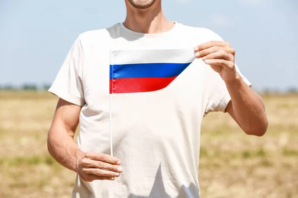 Young Man National Flag Russia Outdoors — Stockfoto