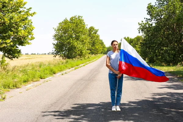 Young Woman National Flag Russia Outdoors — Stock Photo, Image