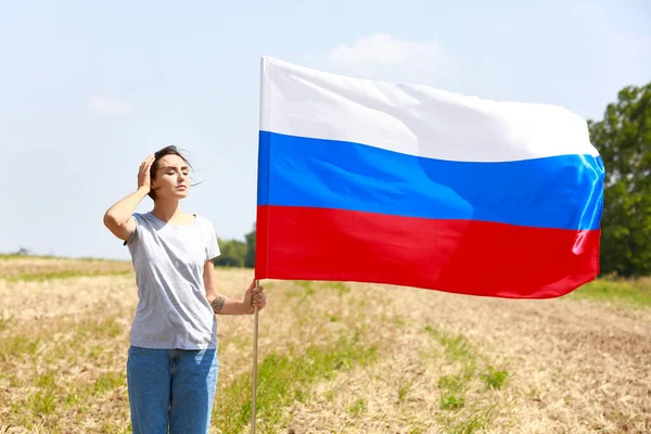 Young Woman National Flag Russia Outdoors — Stock Photo, Image