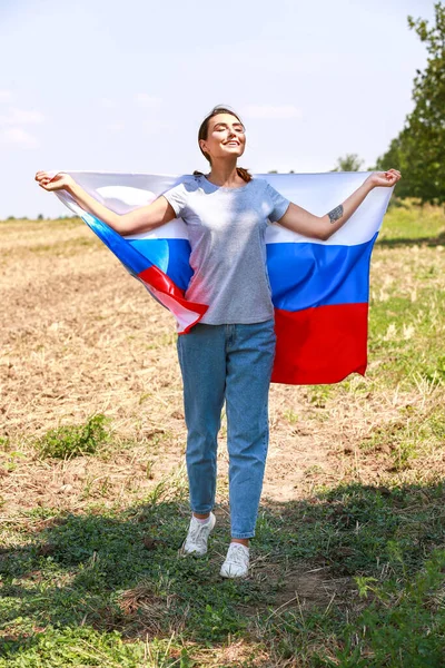Happy Young Woman National Flag Russia Outdoors — стокове фото
