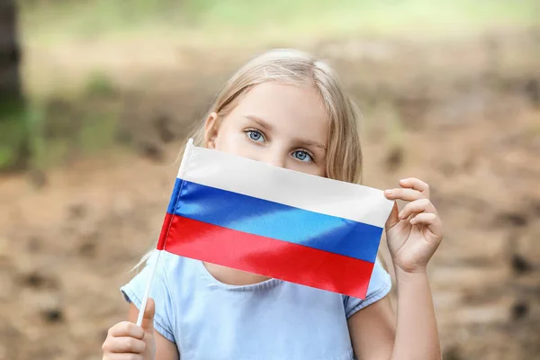 Cute Little Girl National Flag Russia Forest — Stock Photo, Image