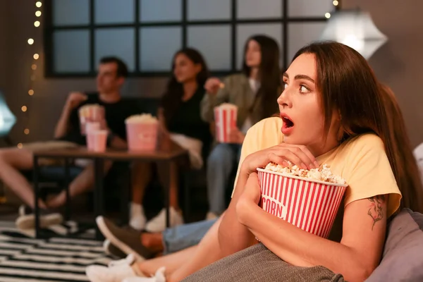 Scared Woman Popcorn Watching Movie Home Evening — Stock Photo, Image