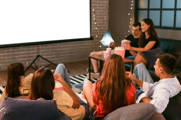 Group Friends Watching Movie Home Evening —  Fotos de Stock