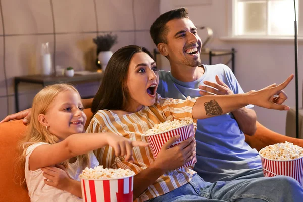 Emotional Family Popcorn Watching Movie Home Evening — Stock Photo, Image