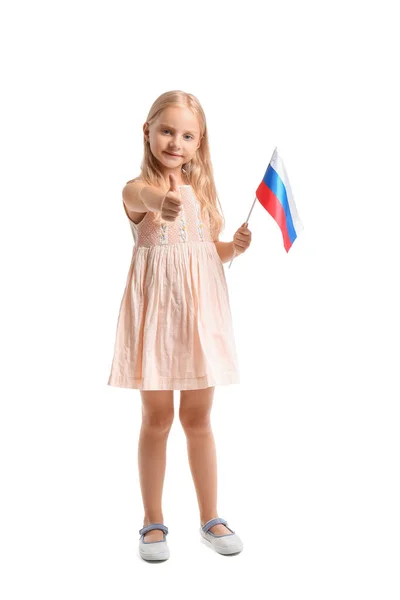 Schattig Klein Meisje Met Nationale Vlag Van Rusland Met Duim — Stockfoto