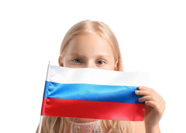Beyaz Arka Planda Rusya Bayrağı Olan Sevimli Küçük Bir Kız — Stok fotoğraf