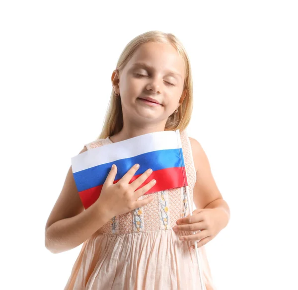 Schattig Klein Meisje Met Nationale Vlag Van Rusland Witte Achtergrond — Stockfoto