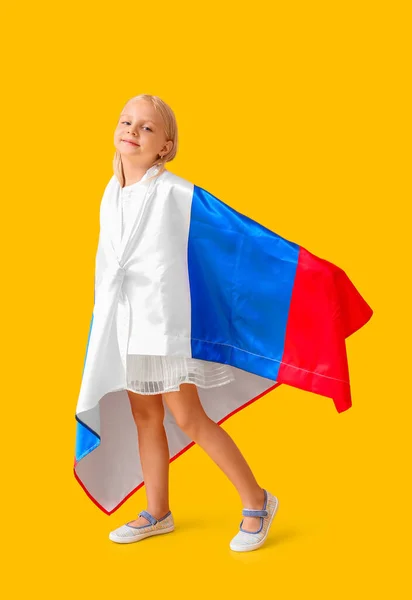 Schattig Klein Meisje Met Nationale Vlag Van Rusland Kleur Achtergrond — Stockfoto