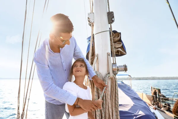 Happy Young Father His Little Daughter Resting Yacht — Stok fotoğraf