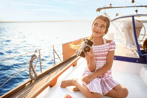 Cute Little Girl Photo Camera Resting Yacht — Stock Photo, Image