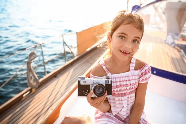 Cute Little Girl Photo Camera Resting Yacht — Stock Photo, Image