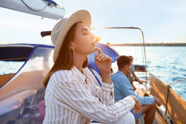 Happy Young Woman Resting Yacht — Stock Fotó