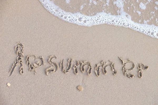 Text Love Summer Written Wet Sand Beach Top View — Stock Fotó
