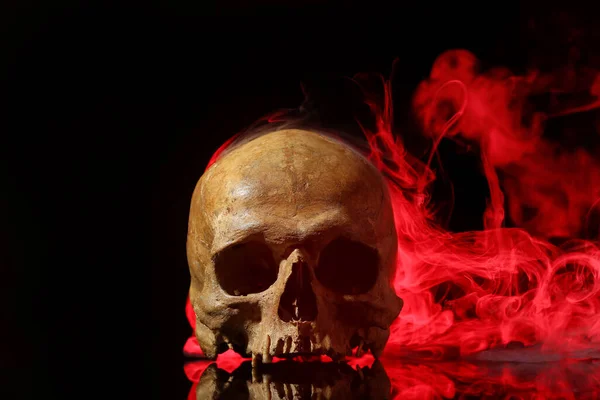 黒を背景に人間の頭蓋骨と煙 — ストック写真