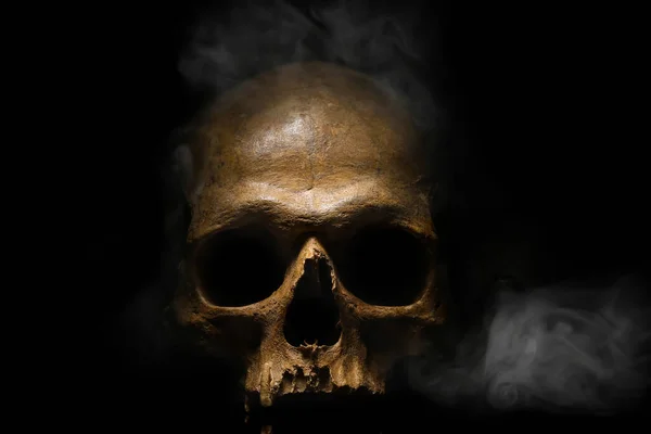 Crânio Humano Fumaça Fundo Preto — Fotografia de Stock