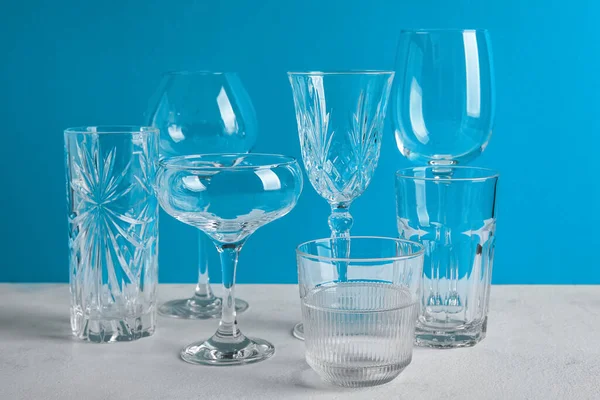 Různé Prázdné Brýle Modrém Pozadí — Stock fotografie