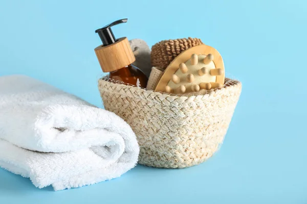 Basket Bath Supplies Clean Towel Color Background — Stock Photo, Image